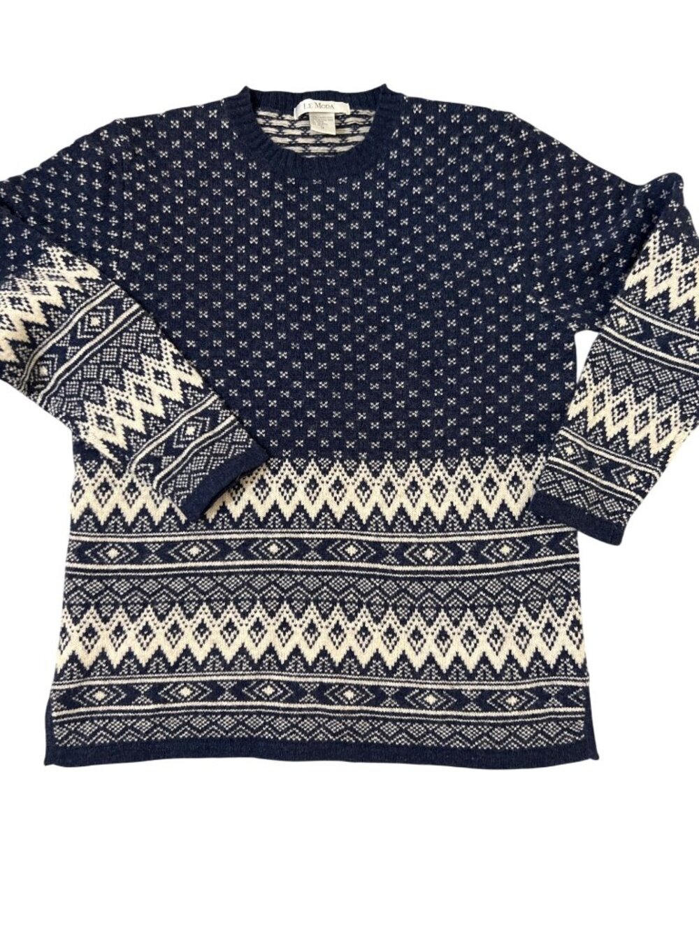 LE‎ MODA 100% Lambswool Nordic Fair Isle Crewneck Sweater Navy cream M